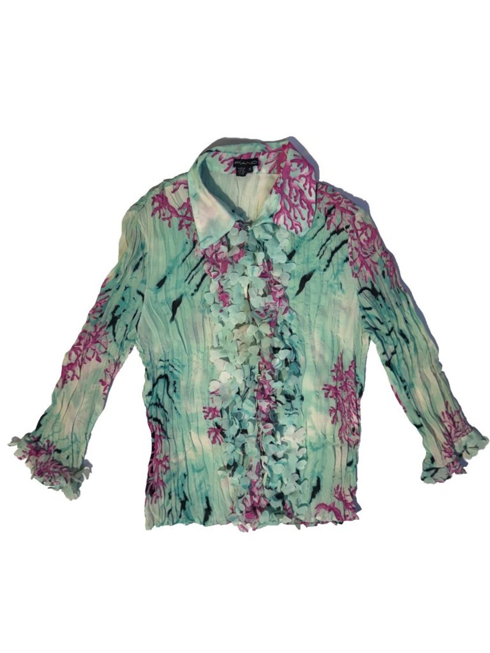 Piano Seafoam Green & Pink Floral Ruffle Y2K Sheer Blouse Button Top Womens M